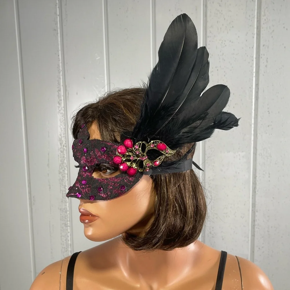 **Custom Masquerade Mask Pink Black Lace Halloween Costume
